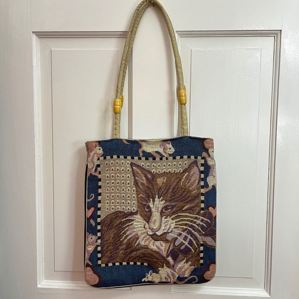 Vintage 90's Cat Tapestry Tote Bag Boho Animal Print Kitsch Grandma Whimsical